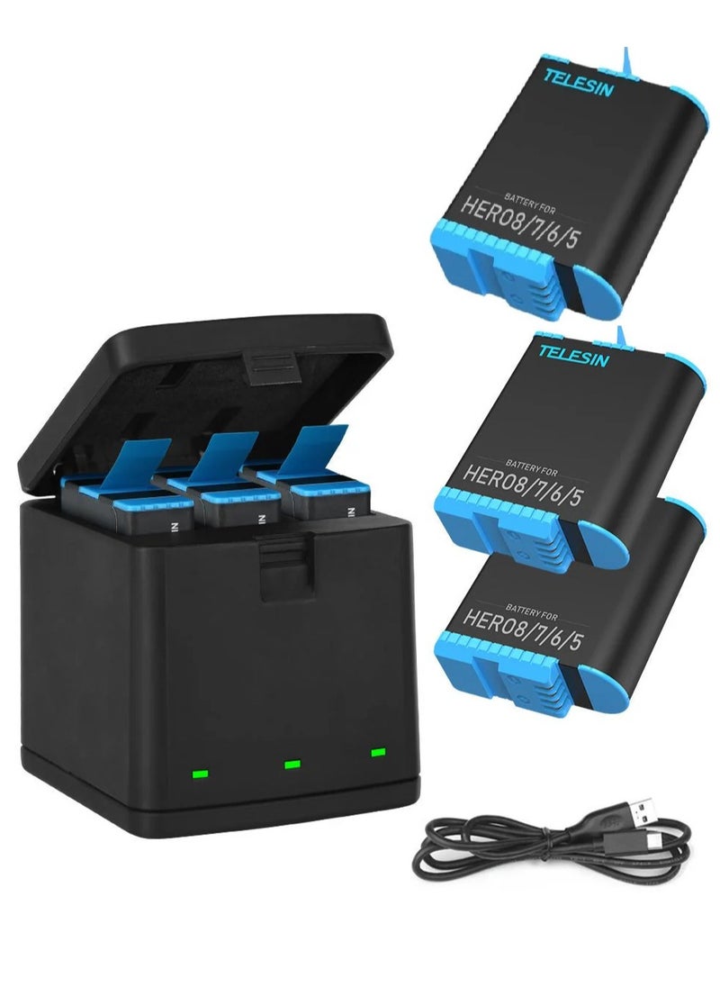 TELESIN Battery Charger for Gopro Hero 8 7 6 5 Black,3-Channel Battery Charging Storage Box with 2 GoPro Compatible Batteries Pack, USB Type-C Cable (Charger+3battery 1220mAh for GoPro hero 5/6/7/8)