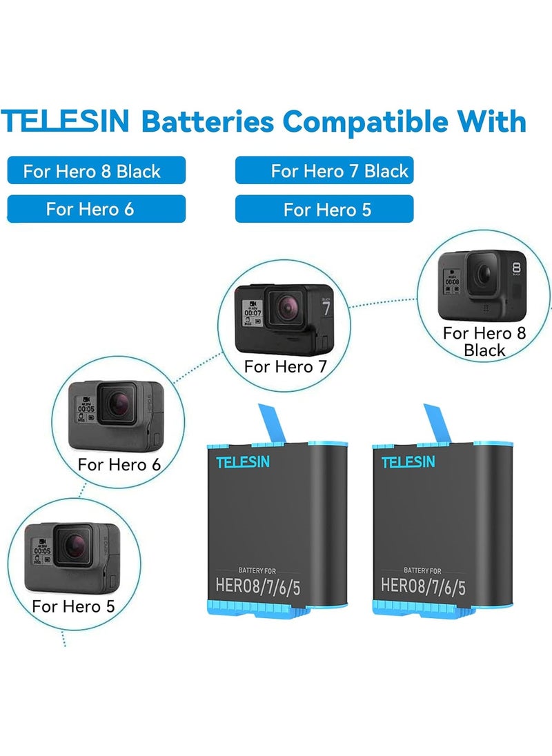 TELESIN Battery Charger for Gopro Hero 8 7 6 5 Black,3-Channel Battery Charging Storage Box with 2 GoPro Compatible Batteries Pack, USB Type-C Cable (Charger+3battery 1220mAh for GoPro hero 5/6/7/8)