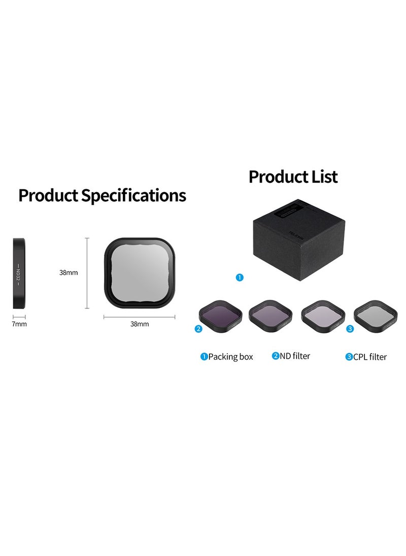 TELESIN 4PCS Camera Lens Filters Protector kit for GoPro Hero 12 11 10 9,1PC Circular Polarizing Filters with 3PCS Neutral Density for GoPro Hero Action camera 12/11/10/9 Black Accessories (CPL ND8 ND16 ND32)