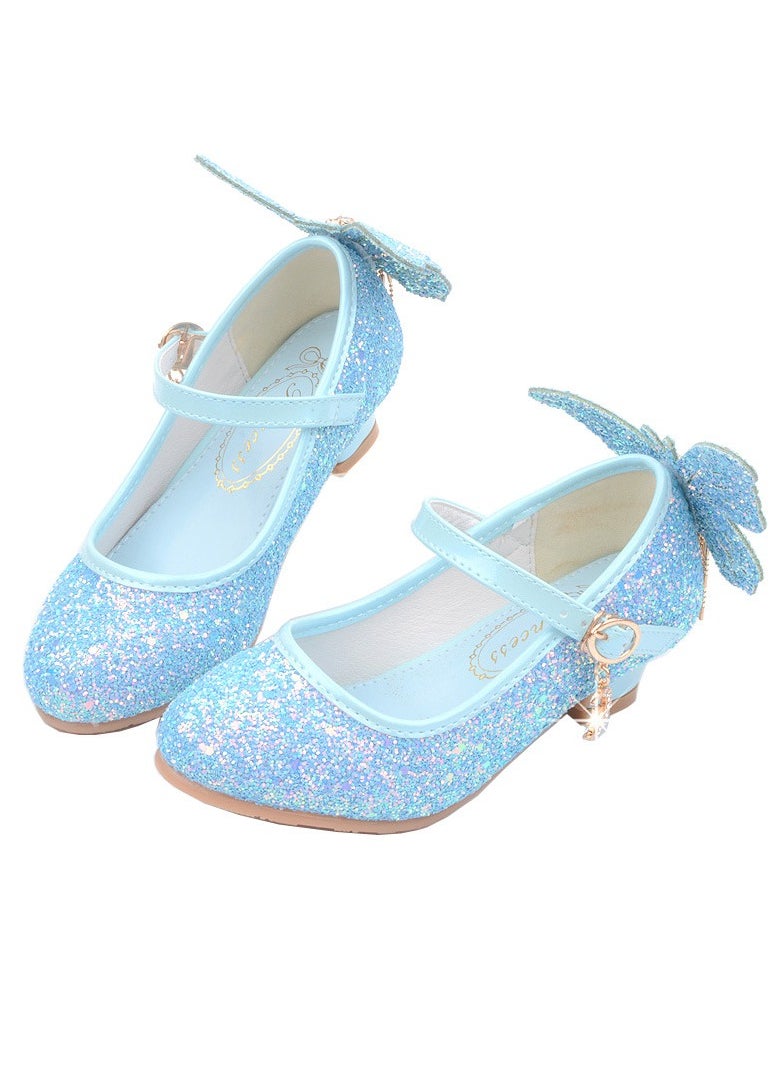 Girls Sandals Shinny Sequins Closed Toe Low Chunky Heels Butterfly Tassel Decoration Shoes Blue