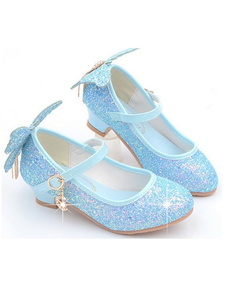 Girls Sandals Shinny Sequins Closed Toe Low Chunky Heels Butterfly Tassel Decoration Shoes Blue