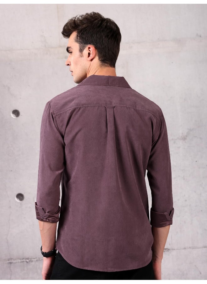 Plum Wine Solid Suede Urban Shirt for Men
