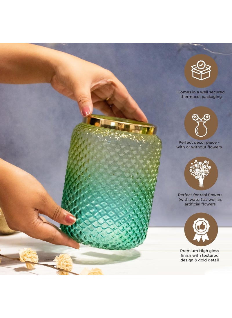 Praahi Lifestyle Decorative Glass Jar Vase for Flower Plants Green Color Pot for Modern Home Decor Office and Living Room Centerpieces Bedroom Table Top Diwali Gift Decorations Items