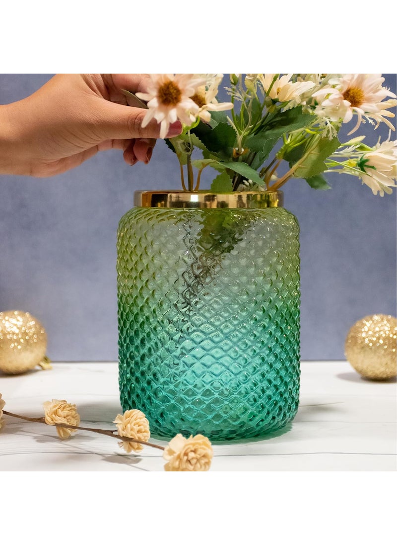 Praahi Lifestyle Decorative Glass Jar Vase for Flower Plants Green Color Pot for Modern Home Decor Office and Living Room Centerpieces Bedroom Table Top Diwali Gift Decorations Items