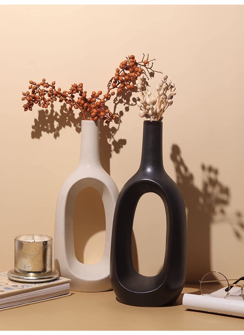Craftribal Minimalist Ceramic Hollow Flower Vase Set Matte Finish 12 Inches Combo of 2 Pcs Black White