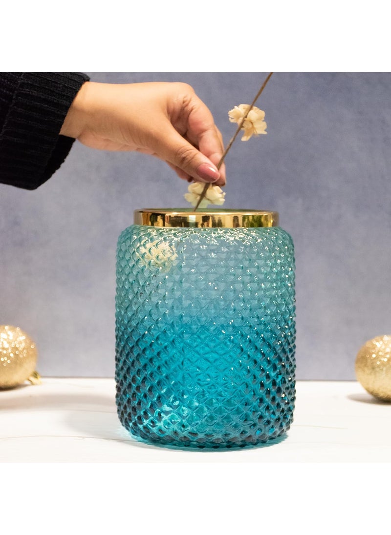 Praahi Lifestyle Decorative Glass Jar Vase for Flower Plants Blue Color Pot for Modern Home Decor Office and Living Room Centerpieces Bedroom Table Top Diwali Gift Decorations Items