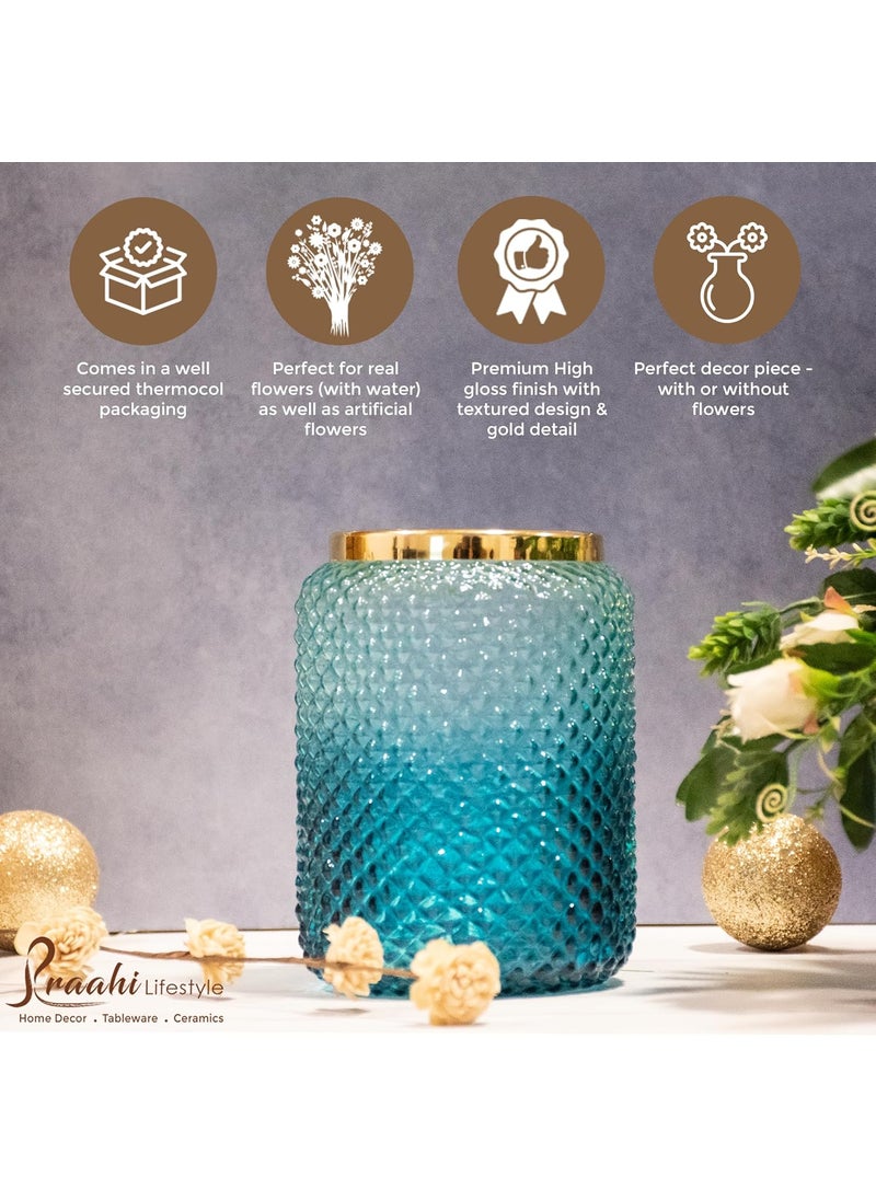 Praahi Lifestyle Decorative Glass Jar Vase for Flower Plants Blue Color Pot for Modern Home Decor Office and Living Room Centerpieces Bedroom Table Top Diwali Gift Decorations Items