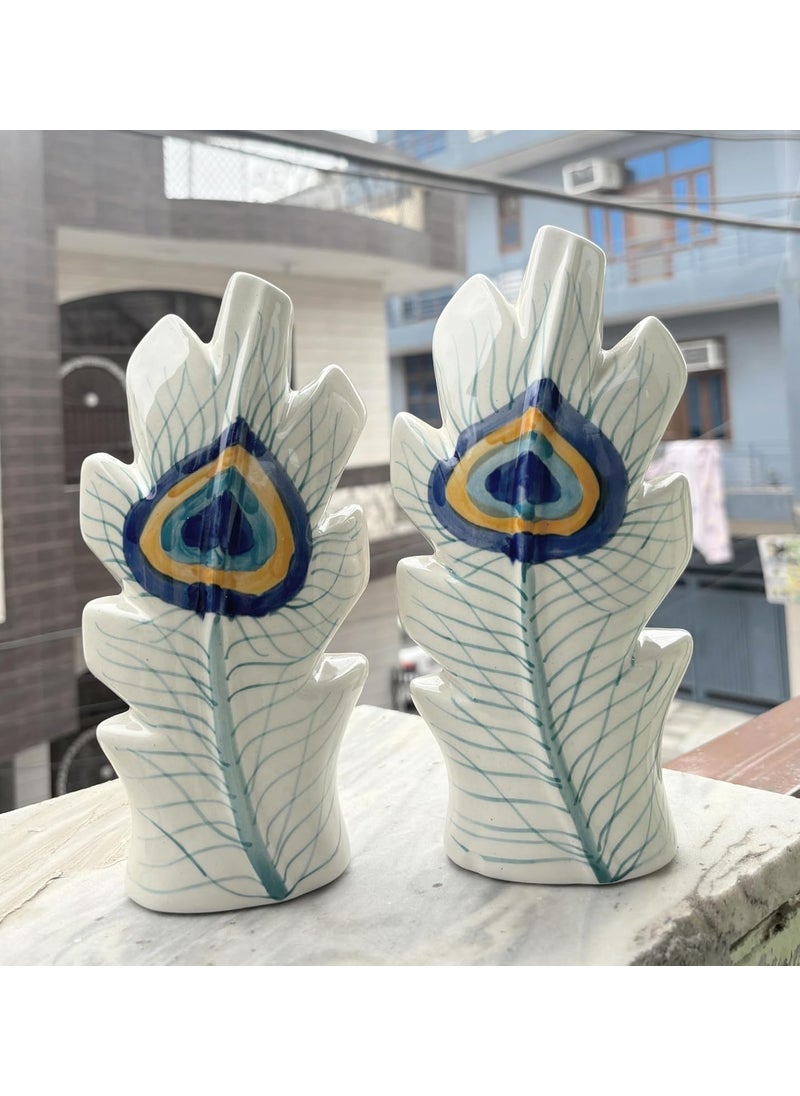 Kraftlic Handicrafts Ceramics Feather Peacock Flower Vase Planter Flower Pots Peacock Feather Shaped Flower Vase Print Ceramic Flower Pot for Home