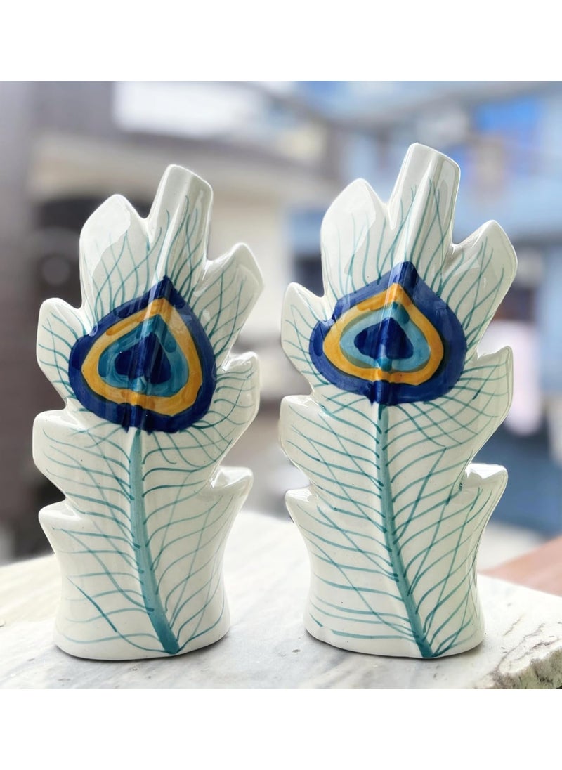 Kraftlic Handicrafts Ceramics Feather Peacock Flower Vase Planter Flower Pots Peacock Feather Shaped Flower Vase Print Ceramic Flower Pot for Home