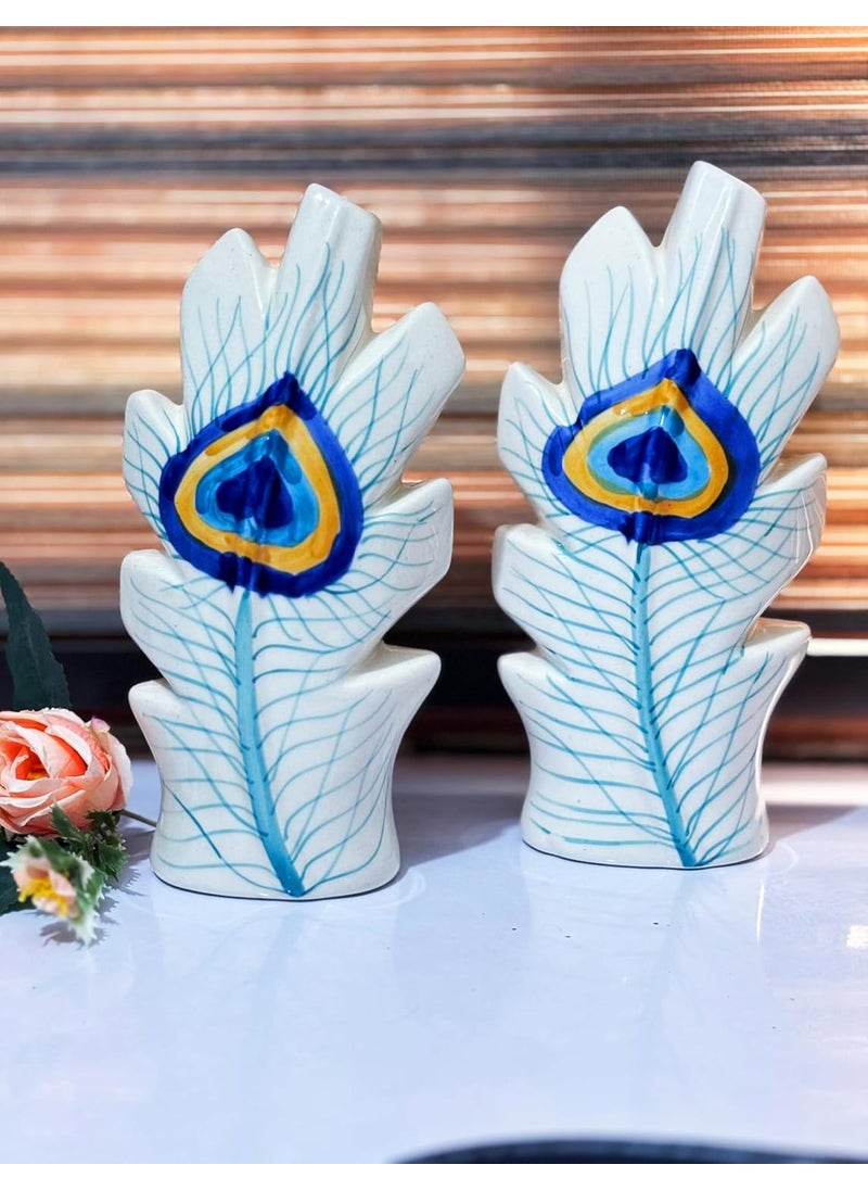 Kraftlic Handicrafts Ceramics Feather Peacock Flower Vase Planter Flower Pots Peacock Feather Shaped Flower Vase Print Ceramic Flower Pot for Home
