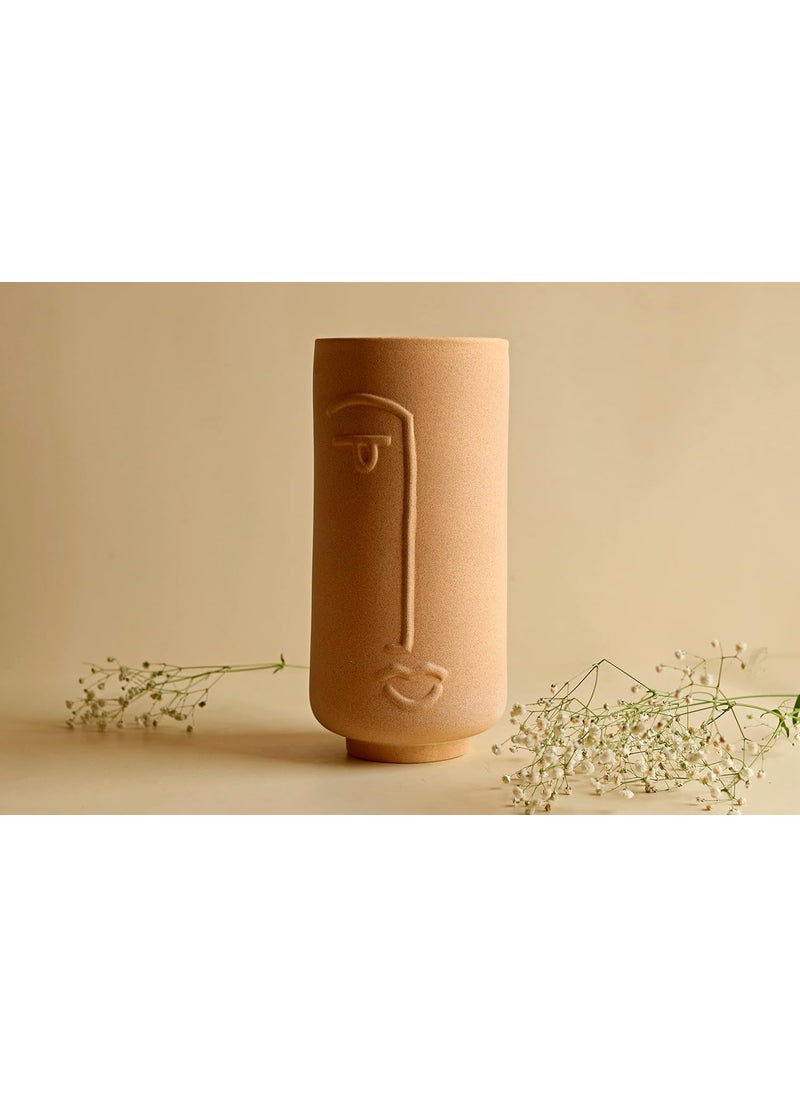 Craftribal Line Art Ceramic Face Vase Ceramic Flower Vase Finish Matte Rough 10 Inches Beige