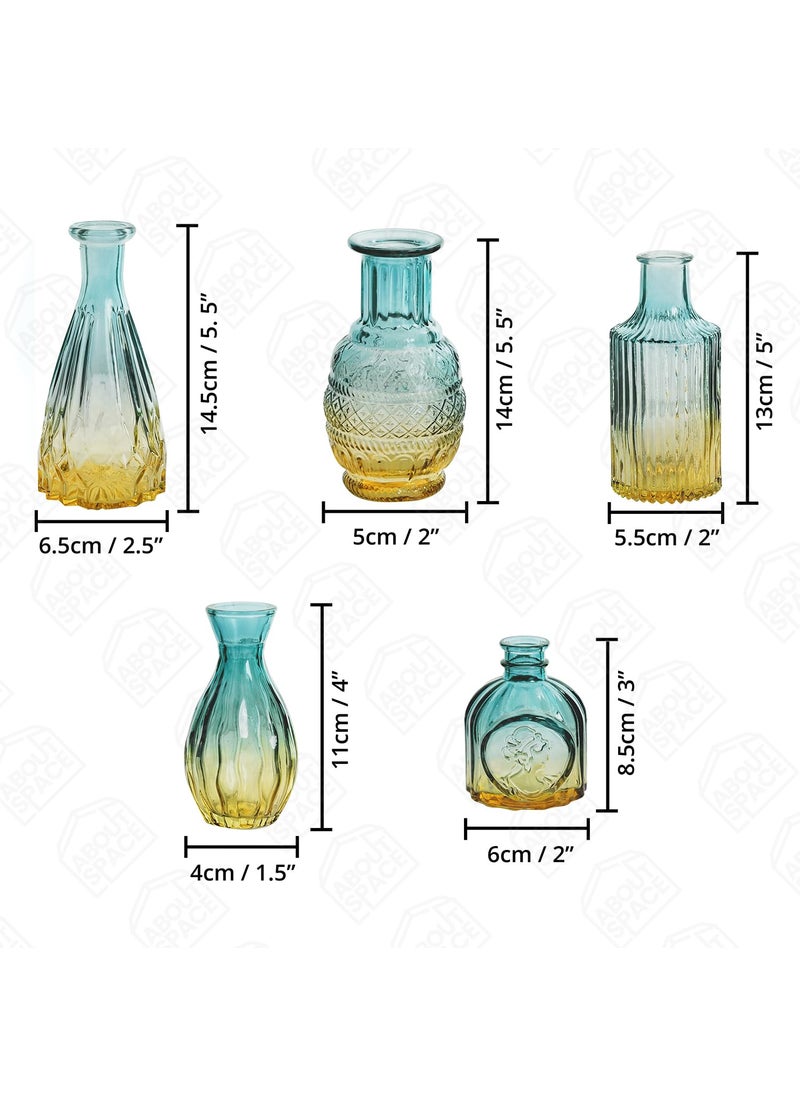 ABOUT SPACE Glass Bud Flower Vase Pack of 5 Glass Centrepiece Mini Flower Vase Antique Collection for Wedding Decoration Sturdy Textured Drop Shaped Table Top Decor for Home Restaurants Gradient