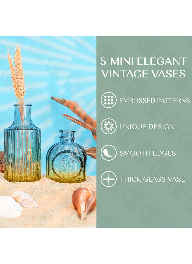 ABOUT SPACE Glass Bud Flower Vase Pack of 5 Glass Centrepiece Mini Flower Vase Antique Collection for Wedding Decoration Sturdy Textured Drop Shaped Table Top Decor for Home Restaurants Gradient