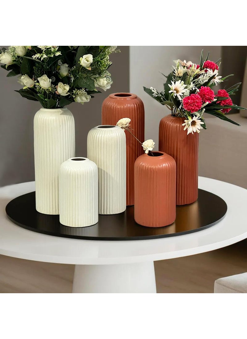 Praahi Lifestyle Premium Ceramic Fluted Vases Set of 6 Flower Vasepot for Living Room Home Decor Large 105 medium 85 small 65 Teracotta White Matte Best for gift