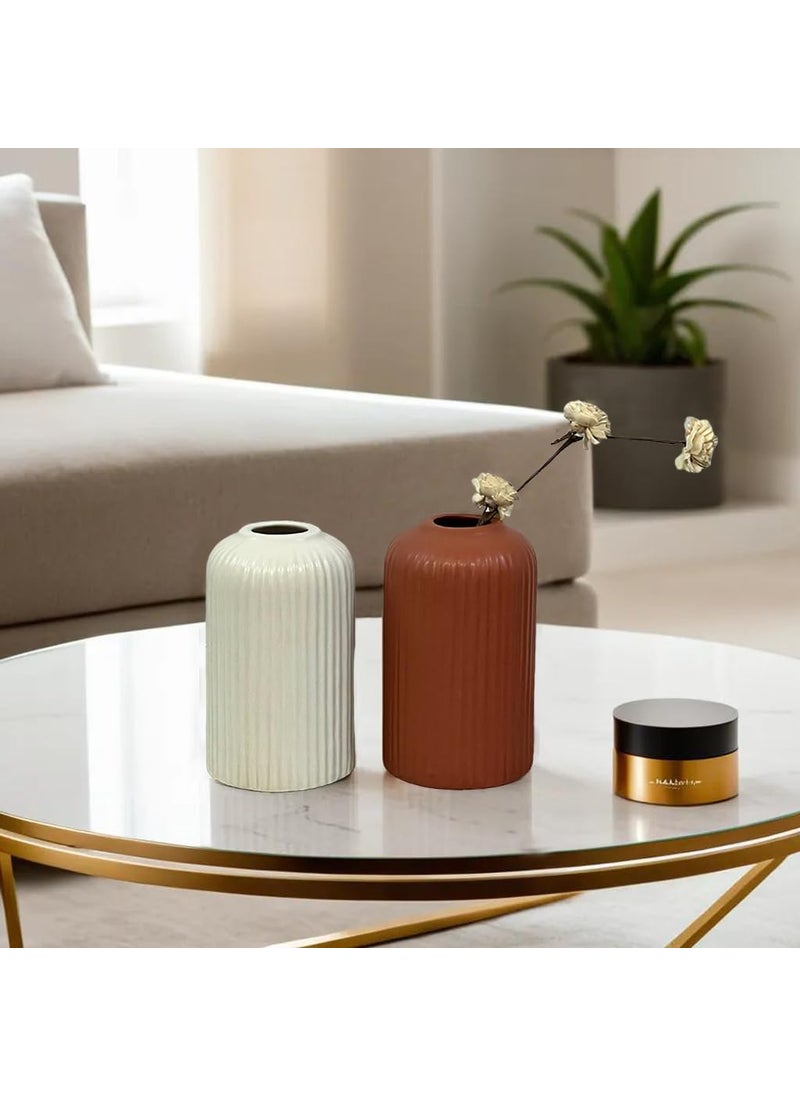 Praahi Lifestyle Premium Ceramic Fluted Vases Set of 6 Flower Vasepot for Living Room Home Decor Large 105 medium 85 small 65 Teracotta White Matte Best for gift