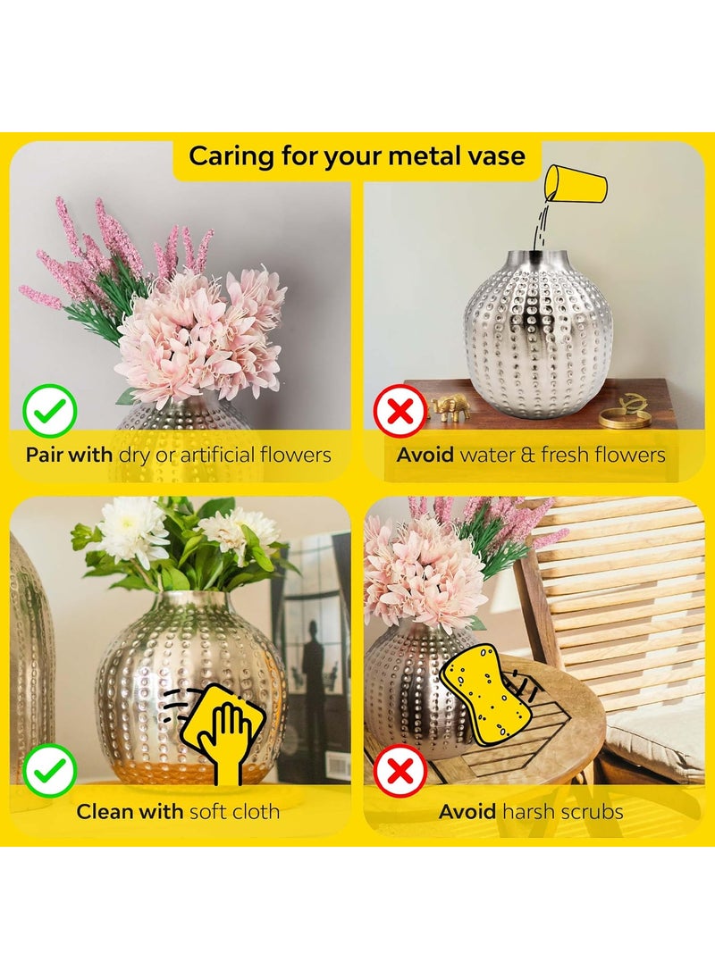 10Club Hammered Silver Metal Vase Round Elegant Flower Vase For Home Decor Unbreakable H 6 350 Grams 1Pc Without Flower Ideal For Gifting Silver