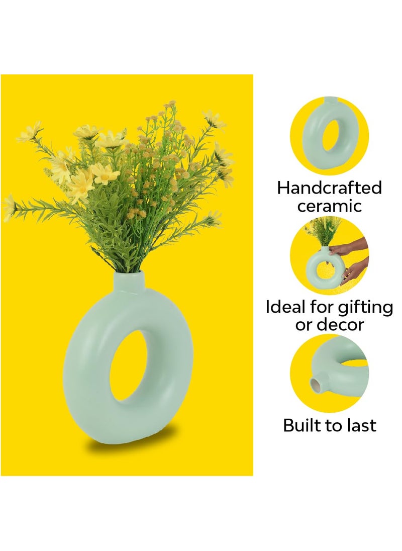 10Club Decorative Large Donut Vase Set of 1 Pista 21 Cm for Flowers Plants Pampas Grass Home Decor Living Room Bedroom Office Center Round Ceramic Vases Table Decoration Item