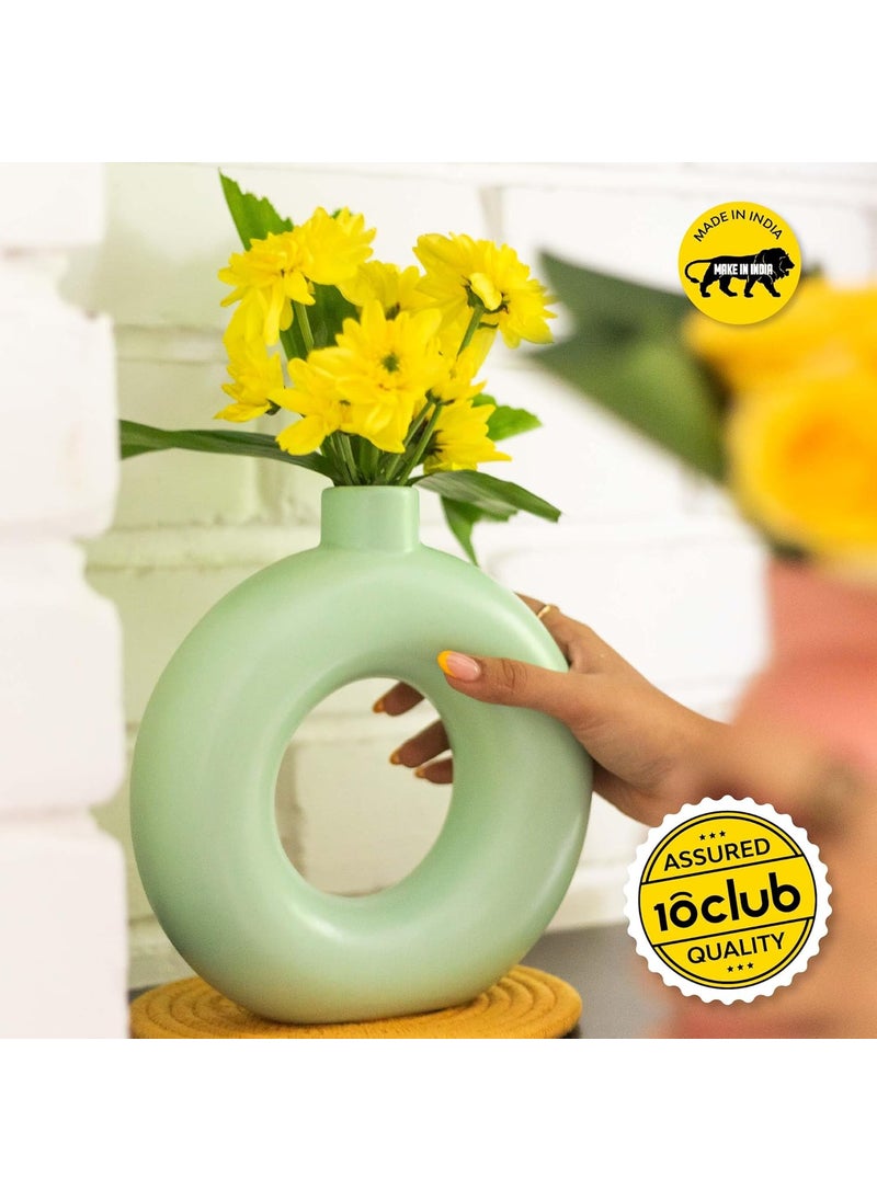 10Club Decorative Large Donut Vase Set of 1 Pista 21 Cm for Flowers Plants Pampas Grass Home Decor Living Room Bedroom Office Center Round Ceramic Vases Table Decoration Item