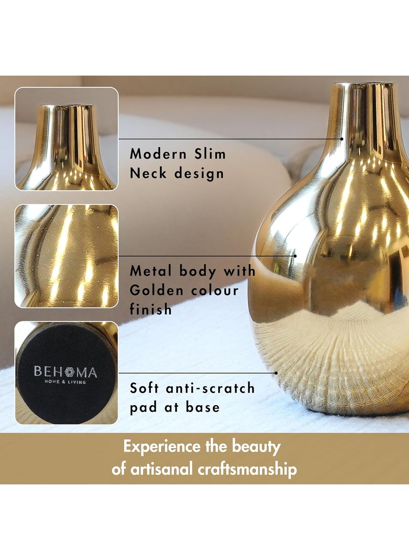 Behoma Glossy Golden Metal Flower Vase for Home Decor Decoration Item for Living Room Office Table Decorative Flower Pot for Gifting Pack of 3 Gold Flowers not Included