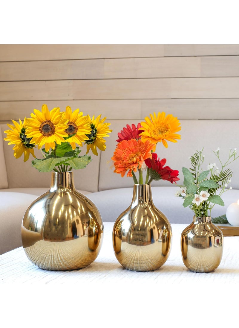 Behoma Glossy Golden Metal Flower Vase for Home Decor Decoration Item for Living Room Office Table Decorative Flower Pot for Gifting Pack of 3 Gold Flowers not Included