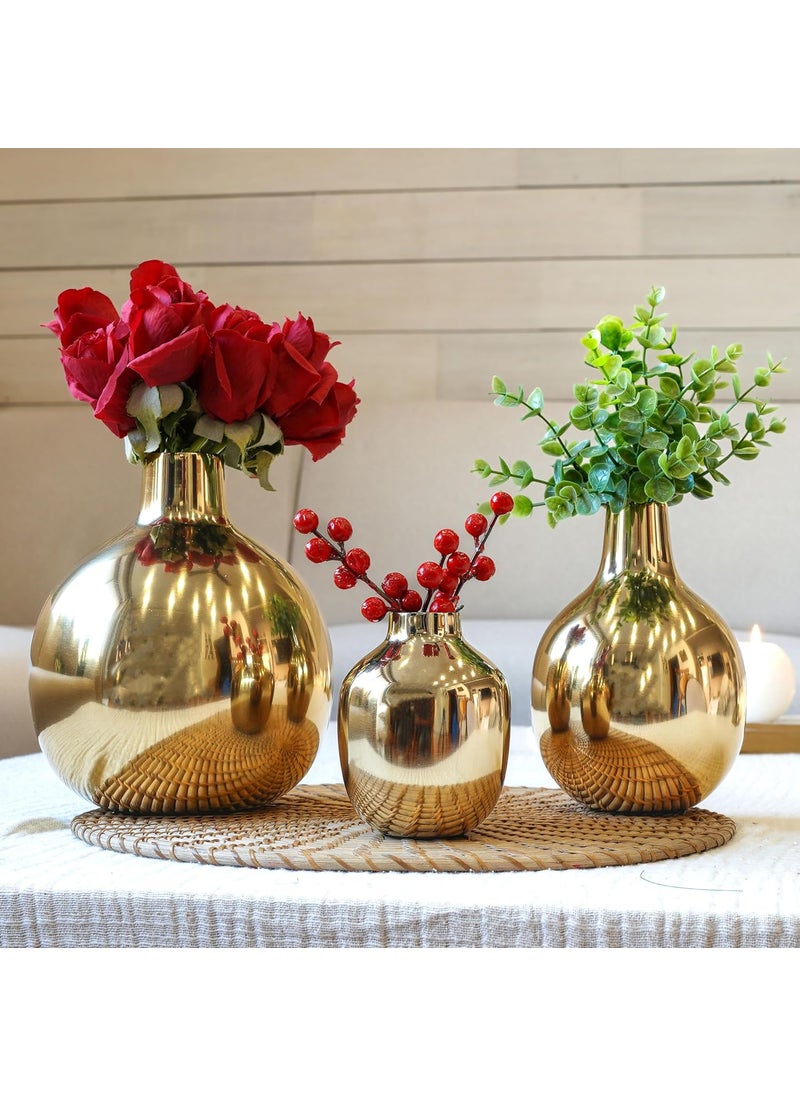 Behoma Glossy Golden Metal Flower Vase for Home Decor Decoration Item for Living Room Office Table Decorative Flower Pot for Gifting Pack of 3 Gold Flowers not Included