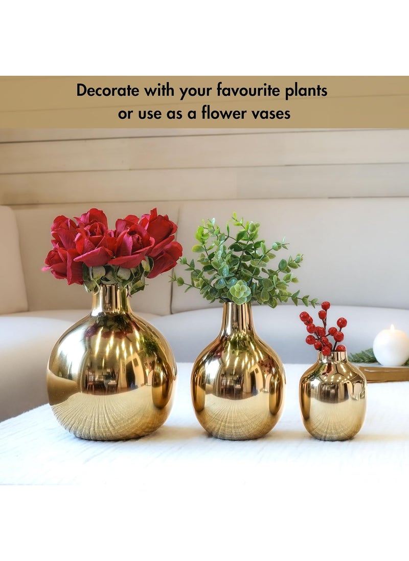 Behoma Glossy Golden Metal Flower Vase for Home Decor Decoration Item for Living Room Office Table Decorative Flower Pot for Gifting Pack of 3 Gold Flowers not Included