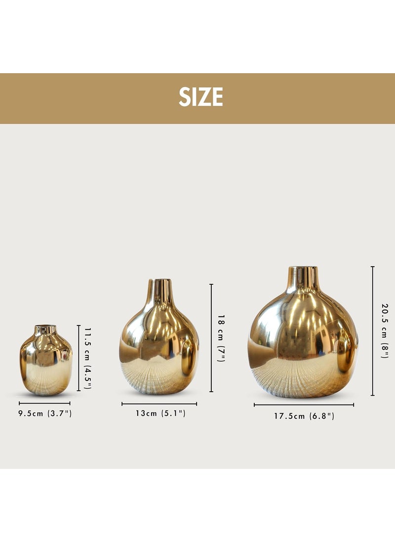 Behoma Glossy Golden Metal Flower Vase for Home Decor Decoration Item for Living Room Office Table Decorative Flower Pot for Gifting Pack of 3 Gold Flowers not Included
