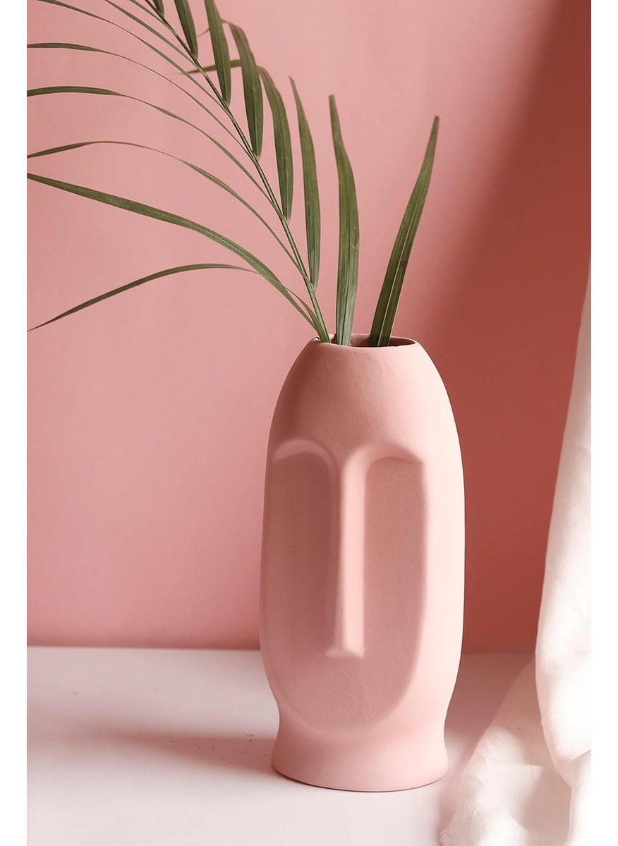 Craftribal Ceramic Abstract Face Vase Ceramic Flower Vase Matte Rough Finish 10 Inches Pink