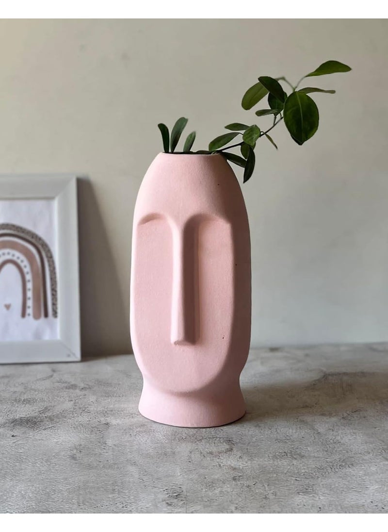 Craftribal Ceramic Abstract Face Vase Ceramic Flower Vase Matte Rough Finish 10 Inches Pink