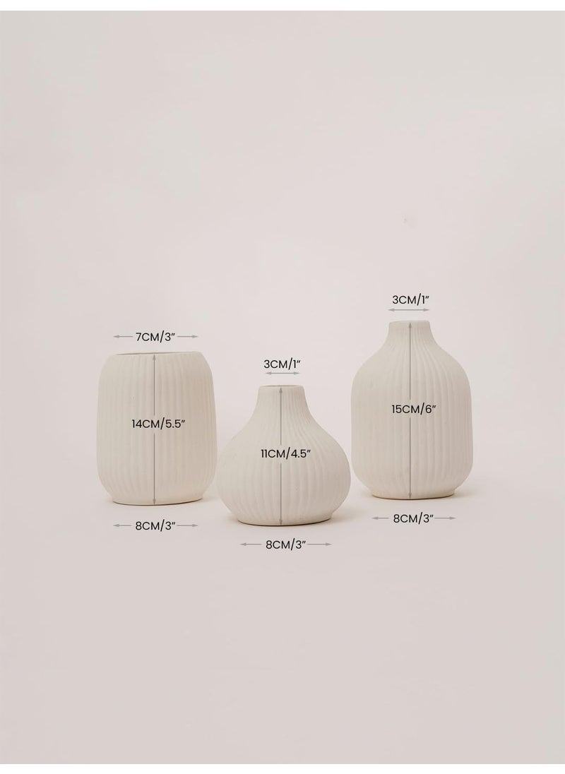 PUREZENTO White Ceramic Textured Vase Set of 3 Vases for Modern Home Decor Living Room Dining Table and Shelf Styling Decorative Vase for Pampas Grass Fresh Dried Artificial Flowers