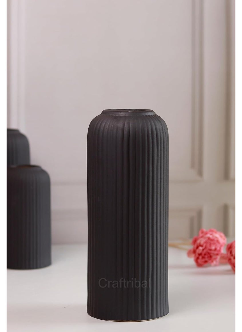 Craftribals Modern Ceramic Flower Vase for Living Room Flower Pots for Home Decoration Home Decor Line Vase Set of 3PCS Black