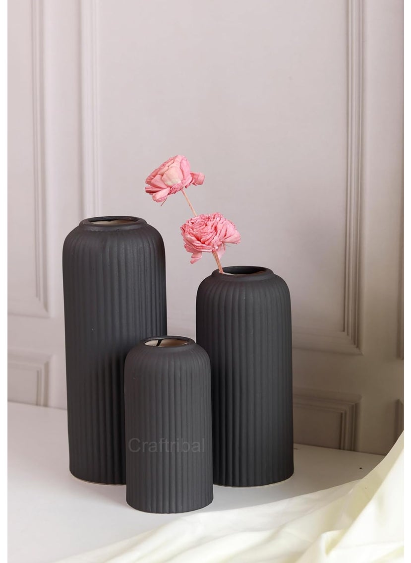 Craftribals Modern Ceramic Flower Vase for Living Room Flower Pots for Home Decoration Home Decor Line Vase Set of 3PCS Black
