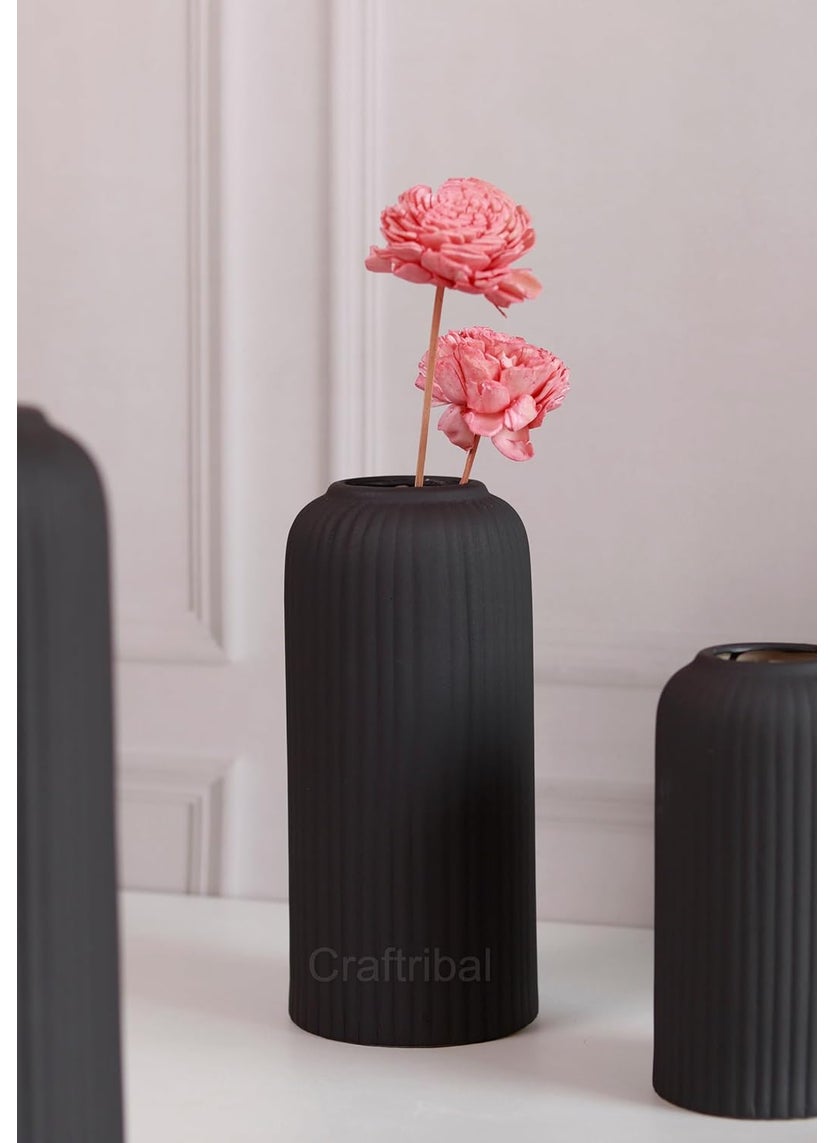 Craftribals Modern Ceramic Flower Vase for Living Room Flower Pots for Home Decoration Home Decor Line Vase Set of 3PCS Black