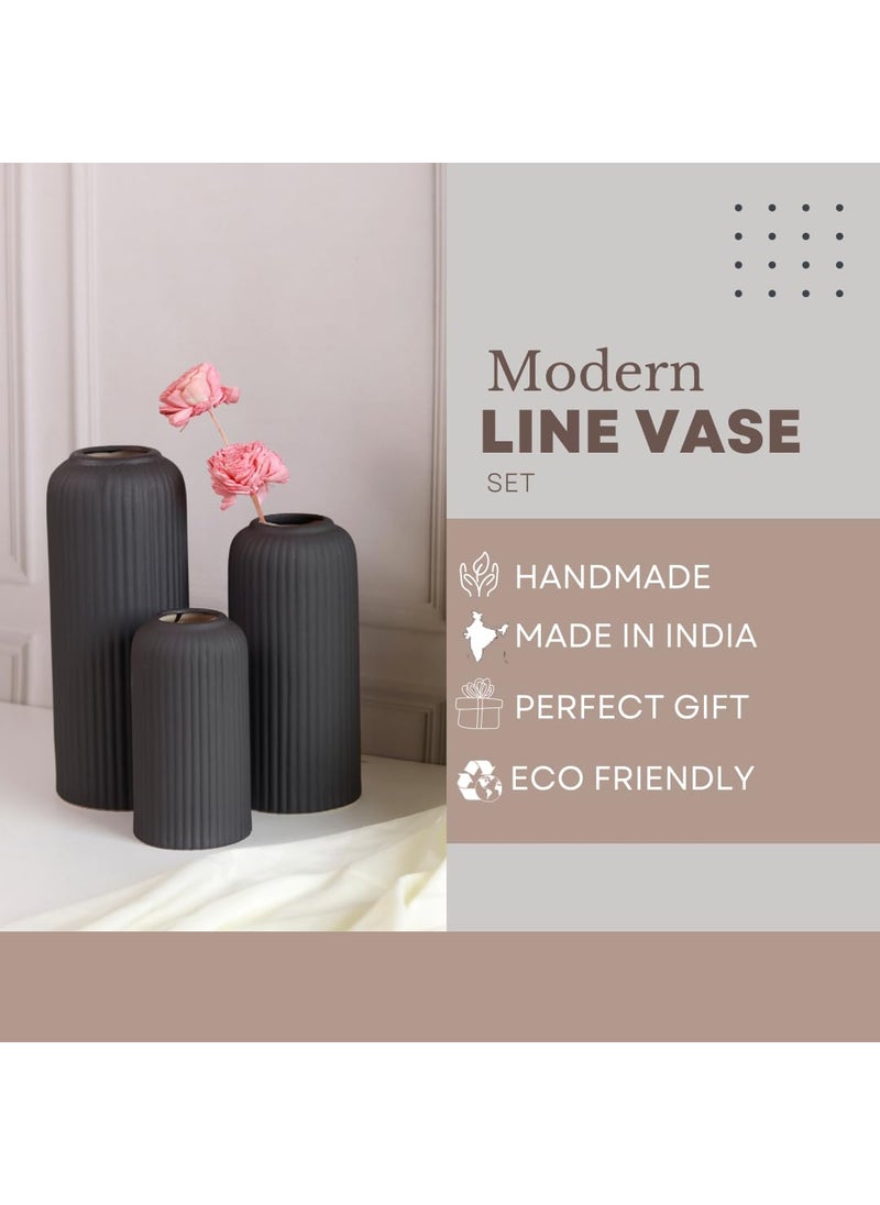 Craftribals Modern Ceramic Flower Vase for Living Room Flower Pots for Home Decoration Home Decor Line Vase Set of 3PCS Black