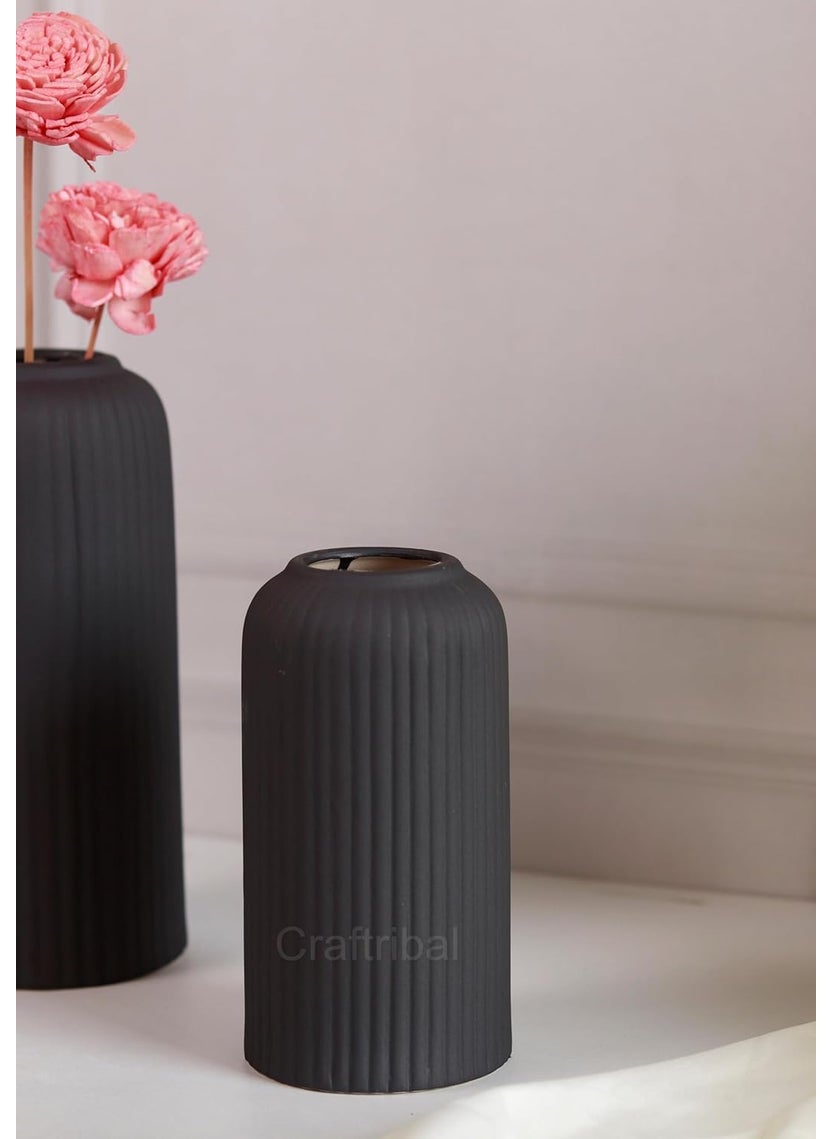 Craftribals Modern Ceramic Flower Vase for Living Room Flower Pots for Home Decoration Home Decor Line Vase Set of 3PCS Black