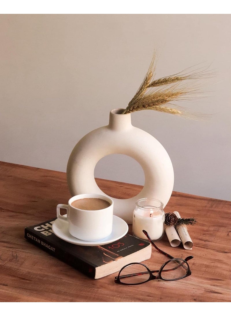 CRAFTRIBAL Flower Vase White Vase Pampas Grass Vase Ceramic Vase Donut Round Shaped Vase Home Decor Centrepiece Decor Showpiece Donut Vase 8 Inches Pack of 1