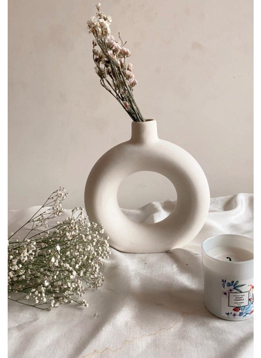 CRAFTRIBAL Flower Vase White Vase Pampas Grass Vase Ceramic Vase Donut Round Shaped Vase Home Decor Centrepiece Decor Showpiece Donut Vase 8 Inches Pack of 1