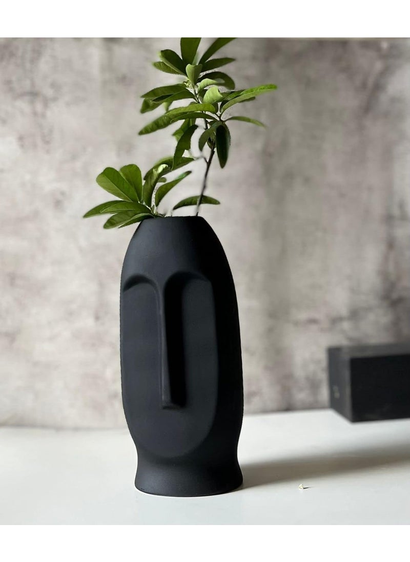 Craftribal Black Ceramic Abstract Face Vase Ceramic Flower Vase MatteRough Finish 10 Inches Black