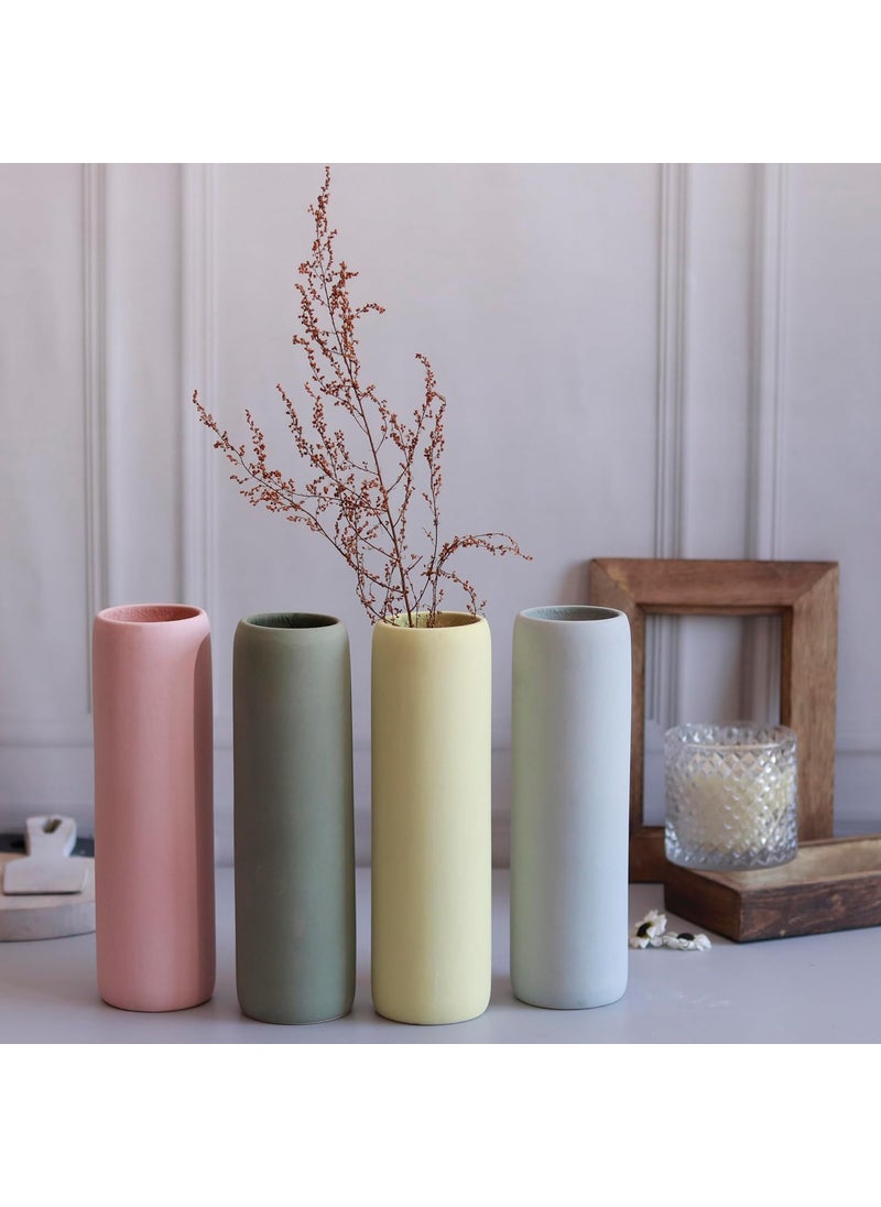 Craftribal Minimalist Ceramic Pastel Cylinder Vases Pack of 4 9 inches Height Flower Vases for Home Dcor Gifting Living Room Bedroom Kitchen Office Wall Decoration Items