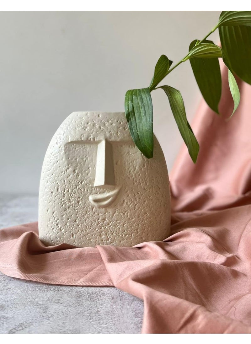 Craftribal Ceramic Textured Smiling Face Vase Ceramic Flower Vase Matte Textured Finish 9 Inches White