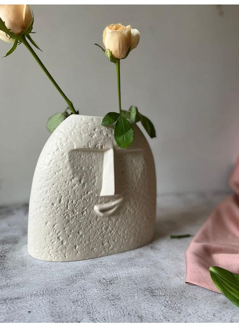 Craftribal Ceramic Textured Smiling Face Vase Ceramic Flower Vase Matte Textured Finish 9 Inches White