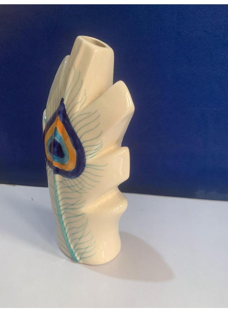 KRAFTLIK HANDICRAFTS Ceramics Peacock Feather Flower Vase Planter Plants Pots Peacock Feather Shaped Flower Vase OffWhite