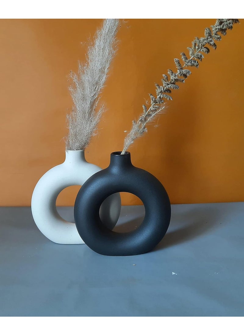 The Vintage Artefacts Ceramic Luxury Donut Vase Set of Two Black and White 5 inches Each