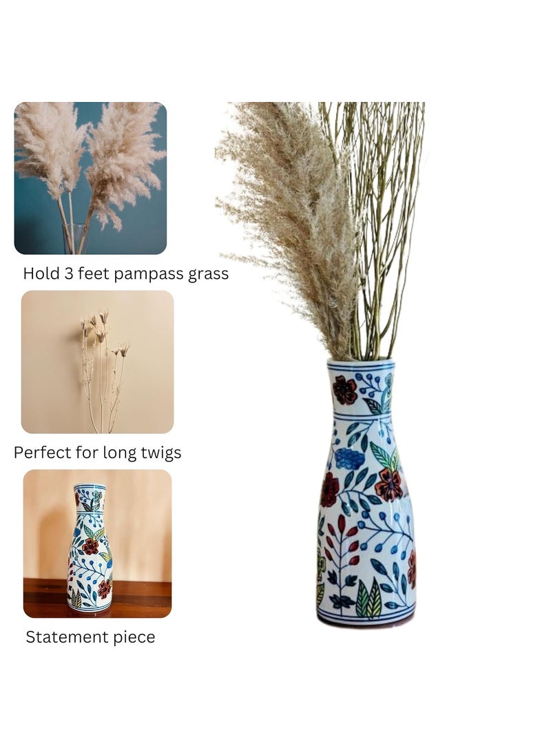Decor Doers Ceramic Handpainted Floral Long Vase for Living Room Vases for Home Decor Ceramic Table Pot for Side Corner Big Size 13 inch