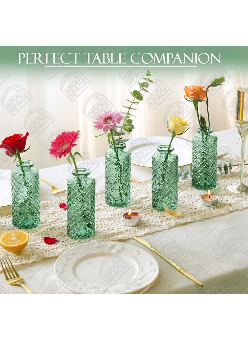 ABOUT SPACE Glass Bud Flower Vase Pack of 3 Glass Centrepiece Mini Flower Vase Antique Collections for Wedding Decoration Sturdy Textured Bottle Shaped Table Top Decor for Home Restaurants Green