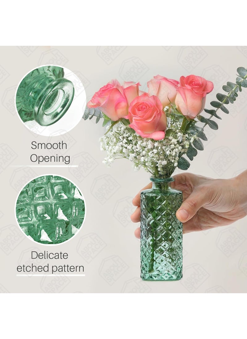 ABOUT SPACE Glass Bud Flower Vase Pack of 3 Glass Centrepiece Mini Flower Vase Antique Collections for Wedding Decoration Sturdy Textured Bottle Shaped Table Top Decor for Home Restaurants Green