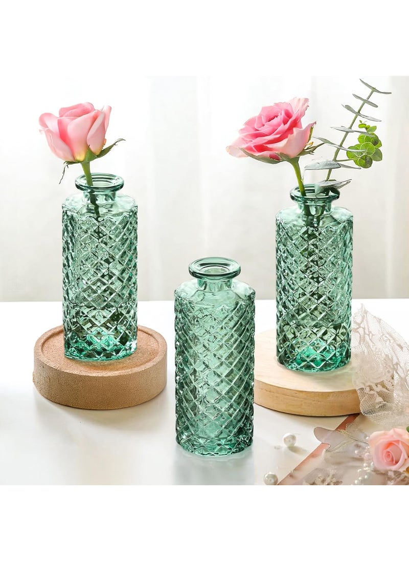 ABOUT SPACE Glass Bud Flower Vase Pack of 3 Glass Centrepiece Mini Flower Vase Antique Collections for Wedding Decoration Sturdy Textured Bottle Shaped Table Top Decor for Home Restaurants Green