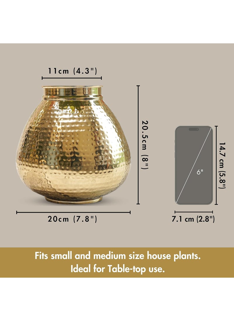 Behoma Matki Shape Metal Flower Vase for Home Decor Hammered Metal Flower Pot for Office Table Decorations Modern vases Gift for Anniversary Festival 8 inches Golden 1 Pc Flowers not Included