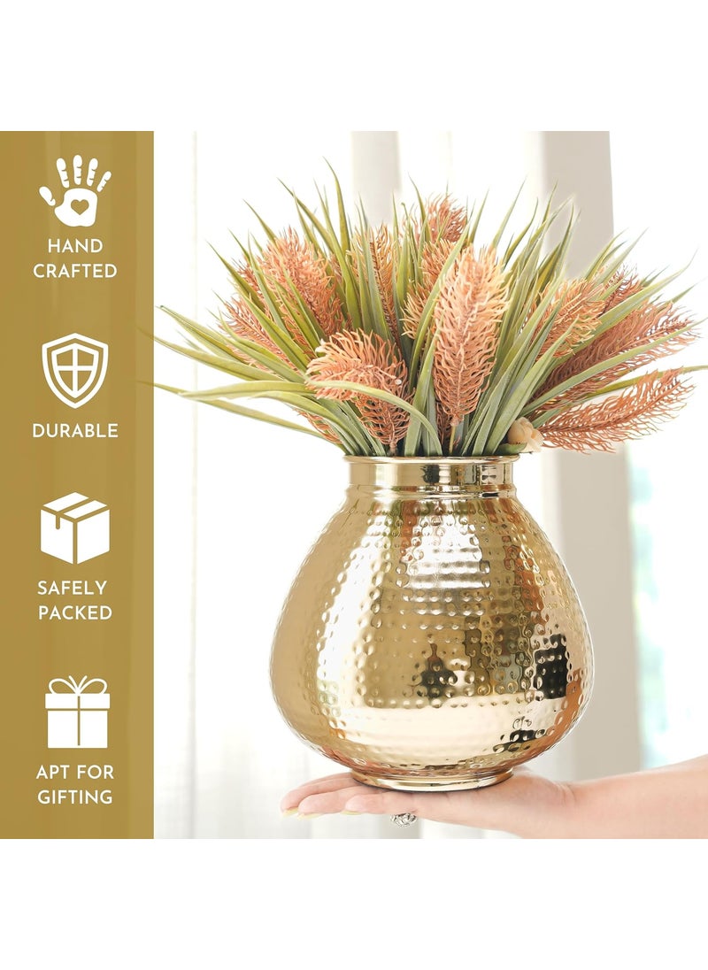 Behoma Matki Shape Metal Flower Vase for Home Decor Hammered Metal Flower Pot for Office Table Decorations Modern vases Gift for Anniversary Festival 8 inches Golden 1 Pc Flowers not Included
