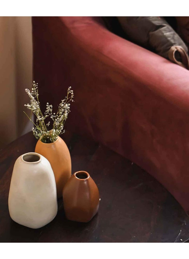 PUREZENTO Rustic Ceramic Bud Vase Set of 3 Centerpiece Showpiece for Home Decor Living Room Bookshelf Tabletop Styling Decorative Vase for Pampas Grass Dried Artificial Flowers